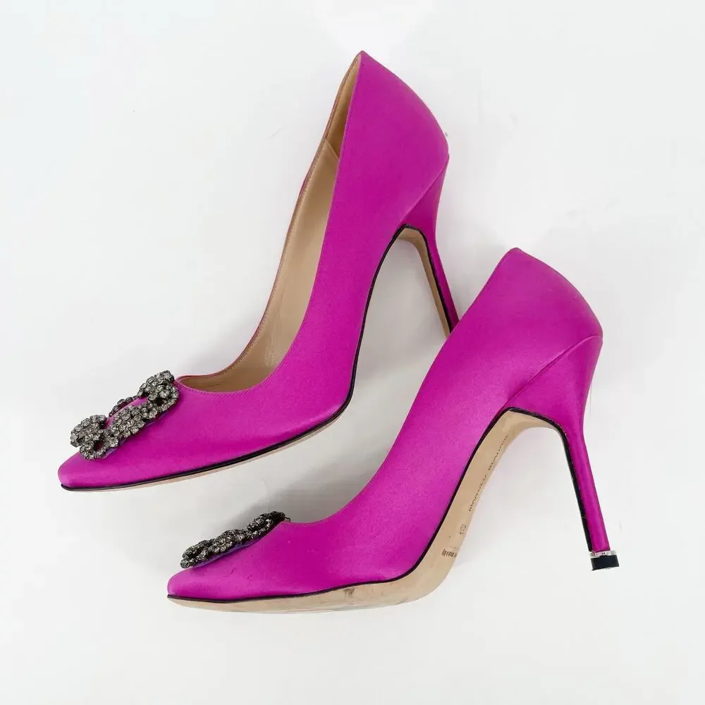 Manolo Blahnik Fuchsia Hangisi Satin Pointed Toe Crystal Detailed Pump IT 37.5 - Picture 4 of 12